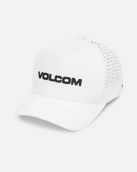 The Volcom Men’s Vent Delta Adjustable Hat features a classic 5-panel white design with black VOLCOM embroidery, small ventilation holes for breathability, and is shown on a plain white background.
