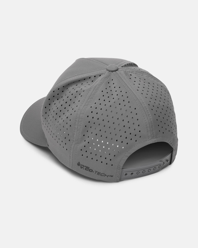 A Men’s Volcom Vent Delta Adjustable hat by Volcom in gray, featuring breathable ventilation holes, an adjustable snapback strap for a custom fit, and V2G0-TECH branding on the side, displayed from the back against a white background.