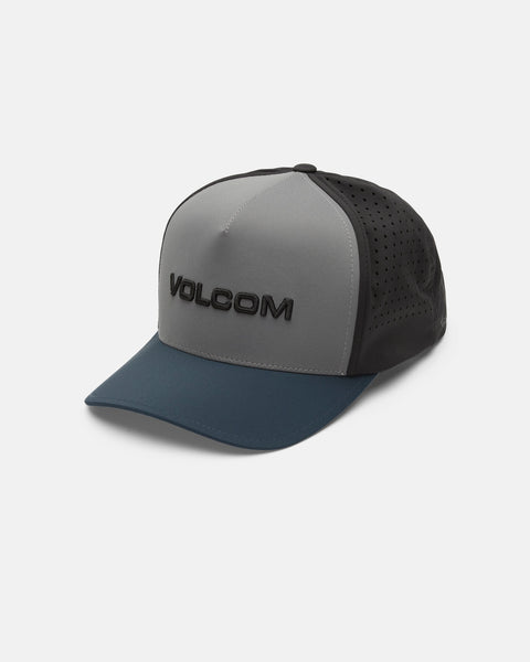 The Men's Volcom Vent Delta Adjustable Hat by Volcom is a gray and blue baseball cap featuring black mesh panels on the sides and back, with the VOLCOM logo in black on the front. Designed for a comfortable fit with an adjustable closure, this hat is displayed against a plain white background.