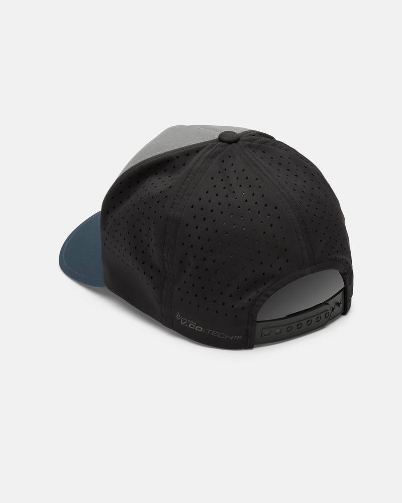 The Men's Volcom Vent Delta Adjustable Hat by Volcom is shown from the back, featuring a black and gray perforated design with a blue brim. This water-repellent baseball cap has an adjustable snapback closure and displays V.CO-TECH branding near the edge.
