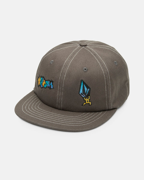 The Volcom Men's Star Shields Featured Artist Adjustable Hat is a gray 5-panel snapback with white stitching and colorful embroidered geometric and abstract art on the front and side panels.