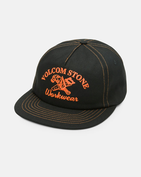 The Volcom Men's Fundamentals Work Hat is a black cotton twill cap with orange stitching and an orange embroidered Volcom Stone Workwear logo above a tools graphic, shown on a white background.