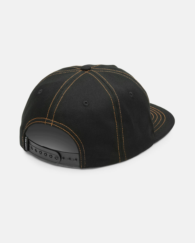 The Volcom Men's Fundamentals Work Hat, a black cotton twill snapback, is pictured from the back, showcasing its adjustable strap and curved bill against a plain white background.