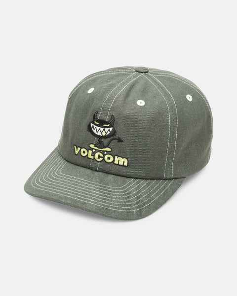 The Volcom Men's Chops Adjustable Hat is a green cotton twill baseball cap with white stitching, cartoon devil face and Volcom embroidery on the front, curved brim, metal eyelets for ventilation, and an adjustable fit.