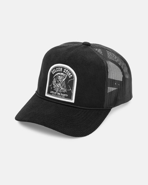 The Volcom Men's Shred Supply Trucker is a black five-panel hat with a curved brim, mesh back, and a front patch of a skeleton holding a drink with “Volcom Stone” and “Life of the Party” text.