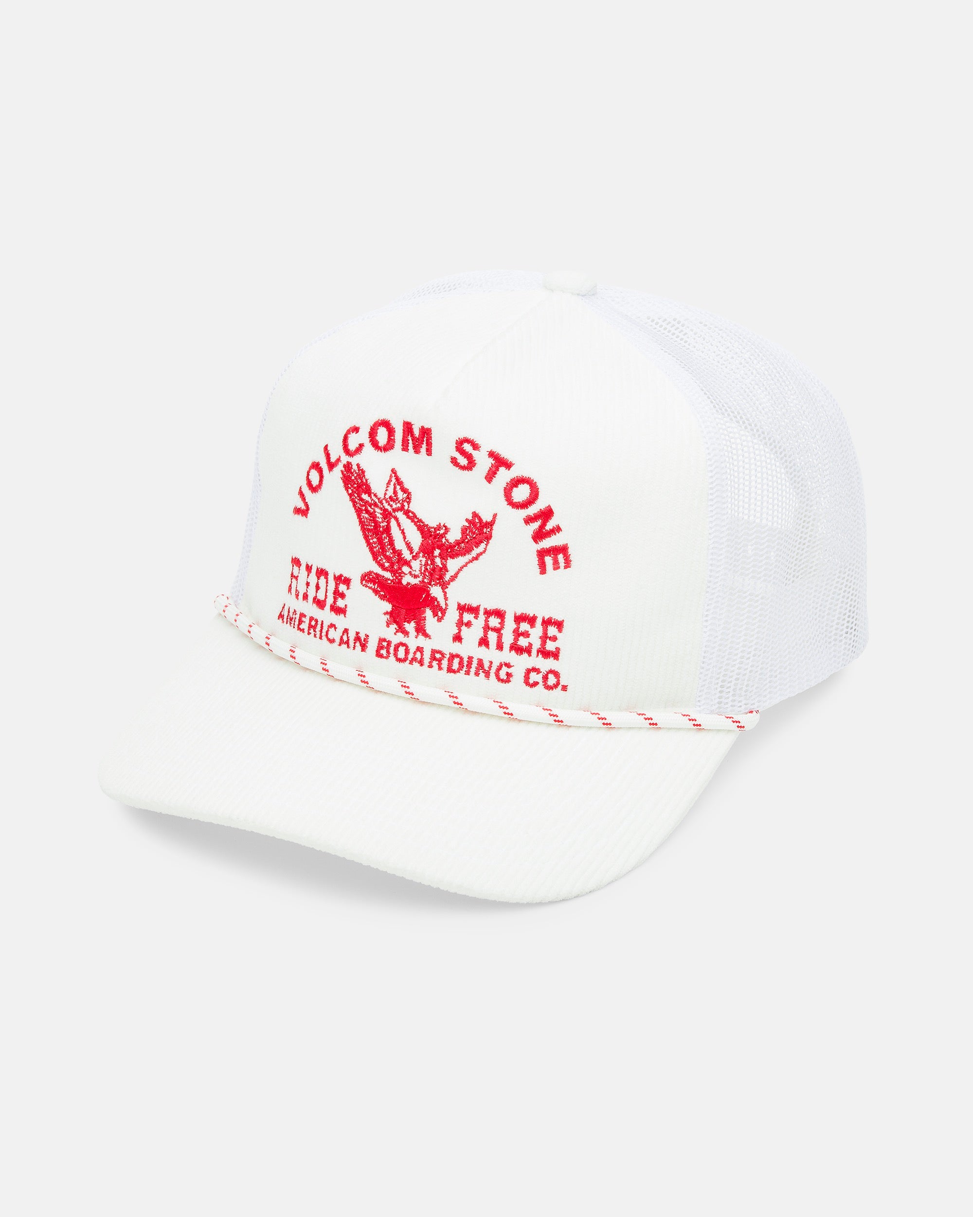 The Men's Shred Supply Trucker by Volcom is a white five-panel hat with mesh panels, curved brim, bold red VOLCOM STONE text, eagle graphic, "RIDE FREE AMERICAN BOARDING CO." on the front, and a red and white braided cord.