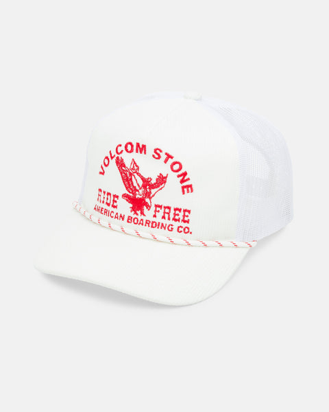 The Men's Shred Supply Trucker by Volcom is a white five-panel hat with mesh panels, curved brim, bold red VOLCOM STONE text, eagle graphic, "RIDE FREE AMERICAN BOARDING CO." on the front, and a red and white braided cord.