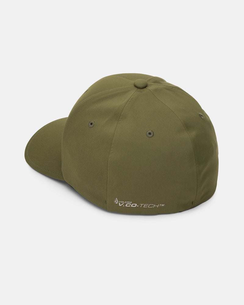 Olive green Volcom Men’s Stone Tech Flexfit Delta baseball cap with a curved brim, shown from the back-left angle. Crafted from innovative performance fabric, this cap features “V.Co-Tech” and a small white logo printed near the back edge. Stitched eyelets add to the finishing details.