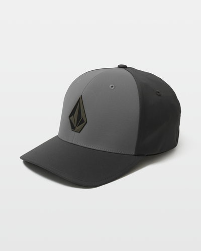 The Volcom Men's Stone Tech Flexfit Delta Hat features a two-tone design with a dark bill and sides, a light gray front, and a bold black geometric logo. Shown against a plain white background.