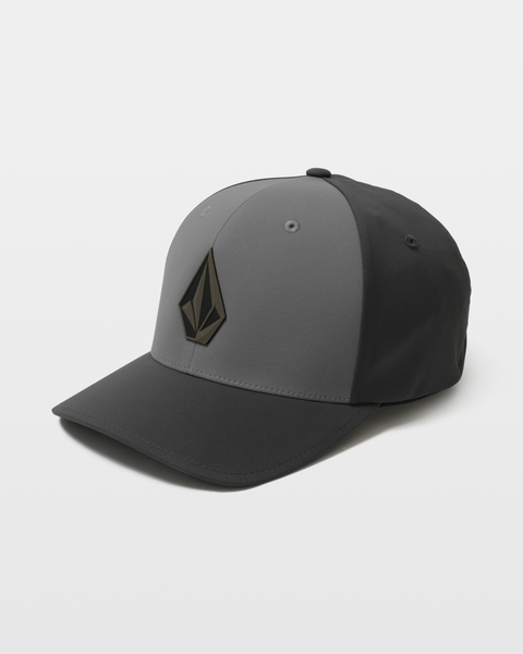 The Volcom Men's Stone Tech Flexfit Delta Hat features a two-tone design with a dark bill and sides, a light gray front, and a bold black geometric logo. Shown against a plain white background.