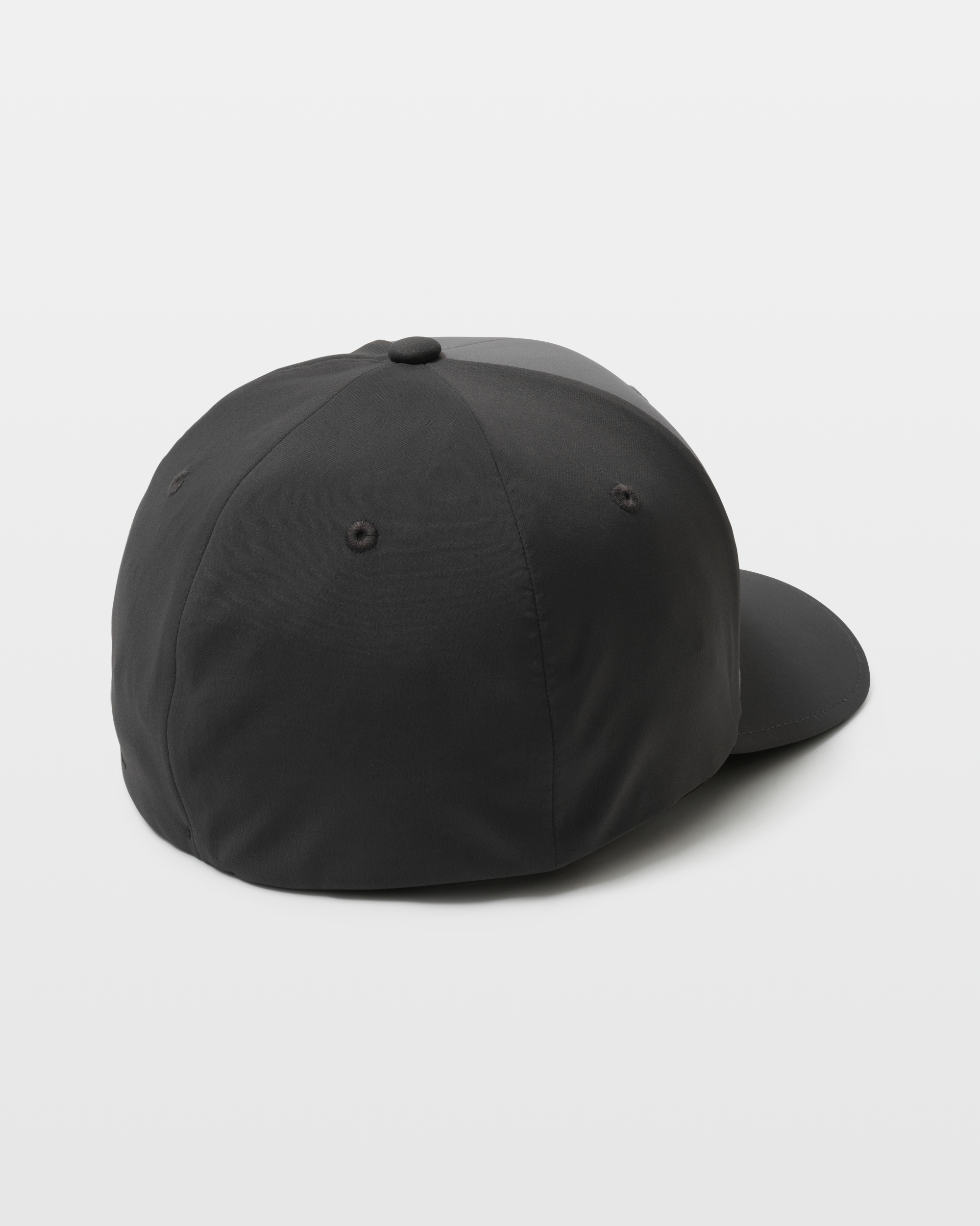 The Volcom Men's Stone Tech Flexfit Delta Hat is shown from the back and side on a white background.