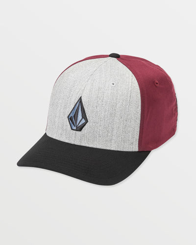 The Men's Full Stone Heather Flexfit Hat features a heathered Dark Slate gray front, maroon sides and back, a black curved brim, and an embroidered black and blue geometric Volcom logo on the front.
