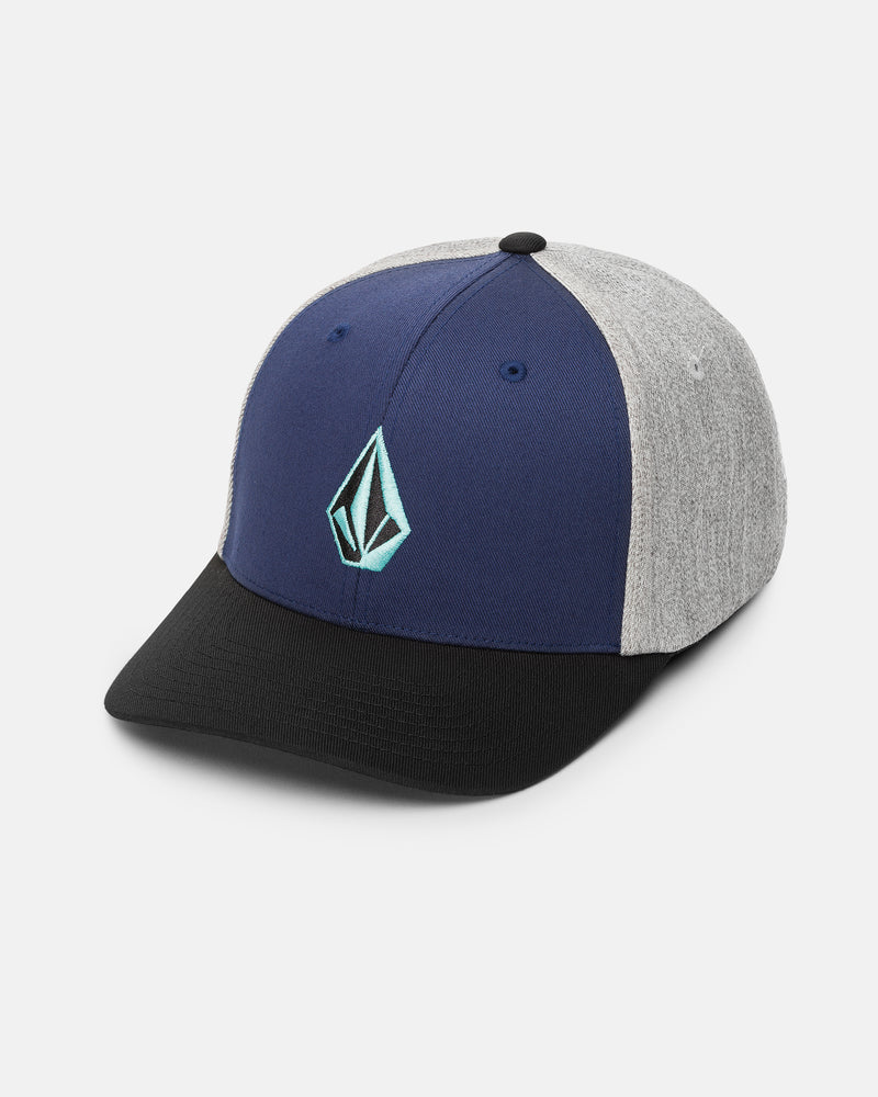 Men’s Full Stone Heather Flexfit Hat by Volcom in blue and gray with a black brim, featuring a turquoise geometric Volcom logo on the front, displayed against a white background.