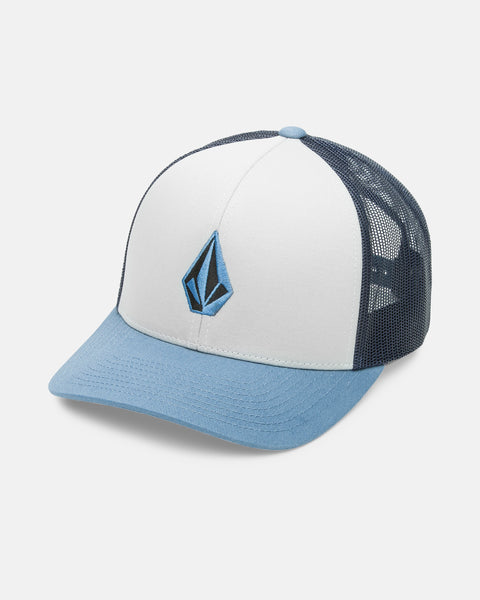 The Men's Full Stone Cheese by Volcom is a trucker hat with a light blue brim, white front panel featuring a blue geometric logo, and dark blue mesh back panels, set against a plain white background.