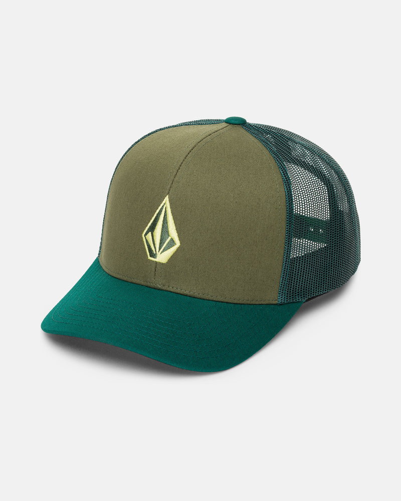 Men’s Full Stone Cheese trucker hat by Volcom in green and olive, featuring a mesh back and a geometric logo on the front panel, shown against a white background.