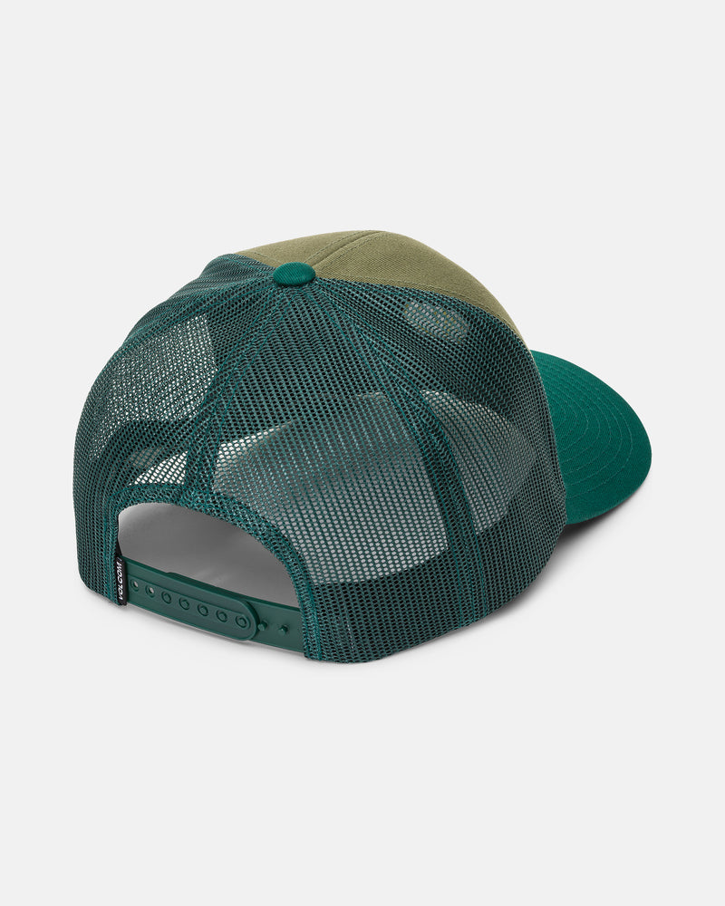 The Volcom Men’s Full Stone Cheese trucker hat is shown from the back in green and tan, featuring an adjustable plastic snap closure and a green button on top. Solid front panels combine with classic mesh back panels for a signature Full Stone Cheese style.