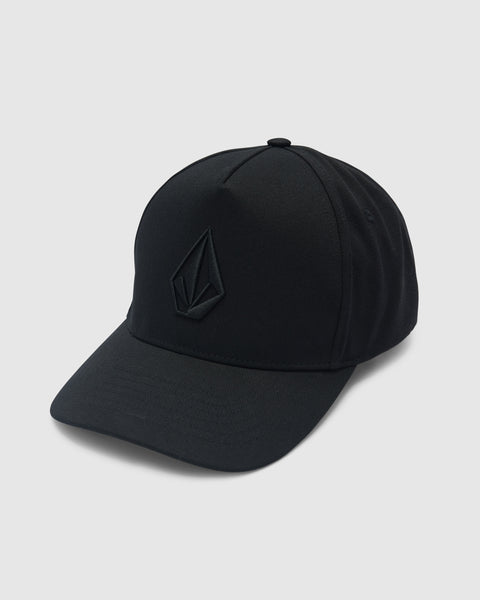A black Volcom Men's Embossed Stone Adjustable Hat with a raised geometric logo on the front, shown against a plain light gray background.