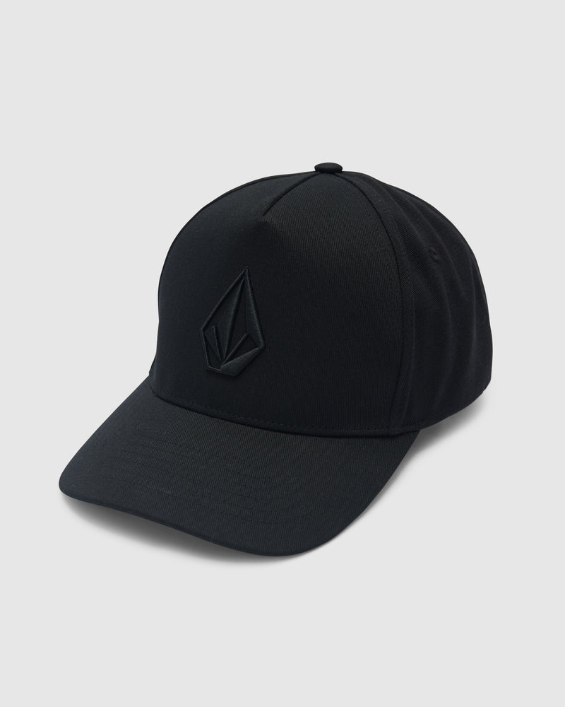 A black Volcom Men's Embossed Stone Adjustable Hat with a raised geometric logo on the front, shown against a plain light gray background.