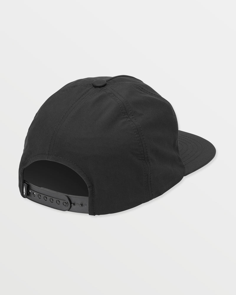 The Volcom Men's Featured Artist Callum Rooney Hat is a black 5-panel cap with an adjustable plastic snapback closure, shown from the back against a plain white background.