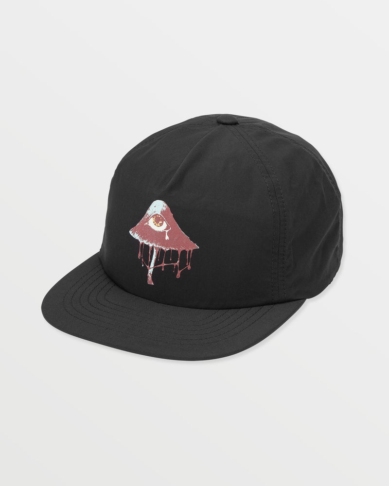 The Volcom Men's Featured Artist Callum Rooney Hat is a black 5-panel adjustable cotton hat with a stylized triangle and eye graphic plus red liquid details, displayed on a white background.