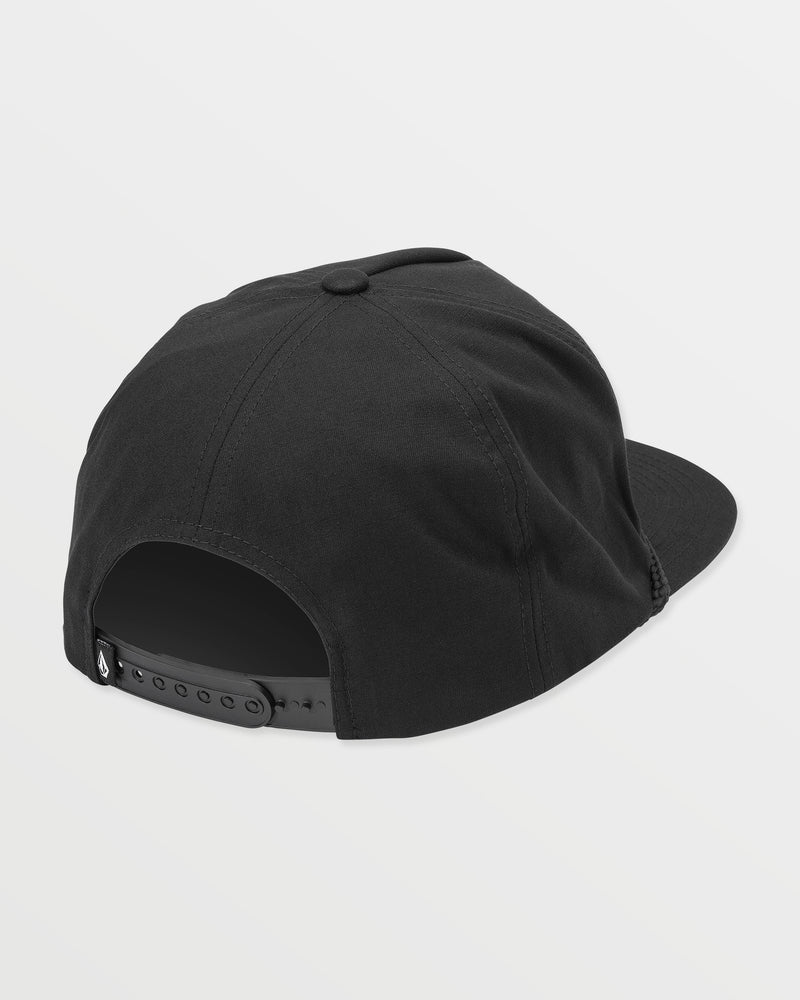 A rear view of the Men’s Heavy Tone Hat by Volcom is shown, highlighting its adjustable strap and top button. This 5-panel snapback cap features a clean, solid black design without any visible logos or patterns—a perfect choice for those who appreciate a classic blackout hat style.