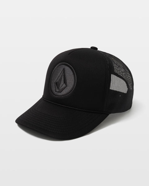 The Volcom Men's Coastal Hat is a black 5-panel trucker with a breathable mesh back and an embroidered geometric logo on the front, shown on a plain white background.