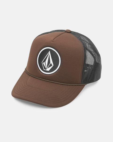 The Volcom Men's Coastal Hat is a brown and black 5-panel cap with a mesh back, curved brim, orange pop accent, thin decorative cord, and a round patch featuring a geometric logo on the front.