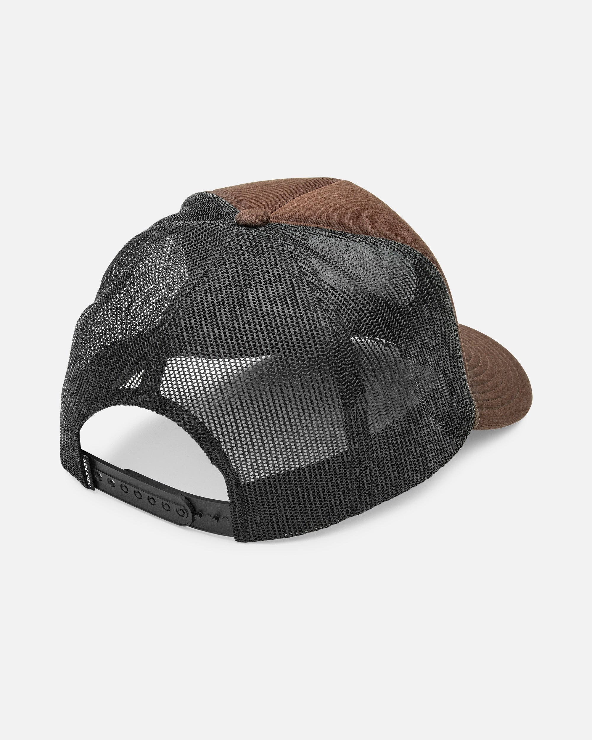 The Volcom Men's Coastal Hat is a brown and black 5-panel trucker cap, shown from the back with a black mesh panel and an adjustable plastic snapback closure.