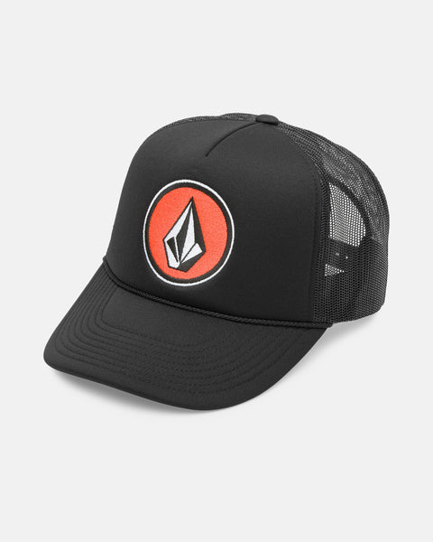 The Volcom Men's Coastal Hat is a black mesh trucker with a curved brim and features a round patch on the front showing a white geometric logo inside an Orange Pop circle.