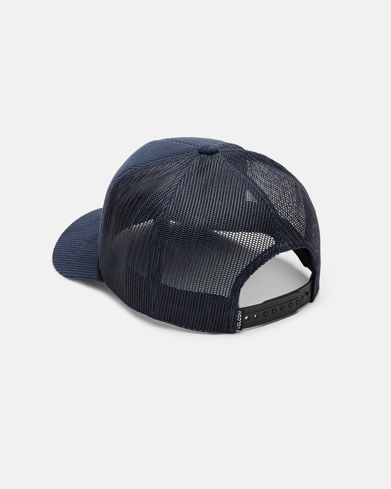 A Volcom Men's Overdrive Trucker is shown from the back in navy blue, featuring a breathable corduroy mesh design, an adjustable snapback closure, and a curved brim, all set against a plain white background.