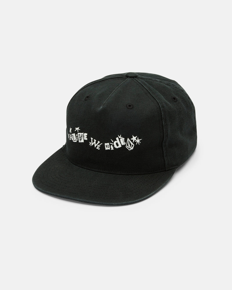 A Men's Alive We Ride Adjustable Hat by Volcom, featuring black cotton fabric and white stylized "Alive We Ride" embroidery across the front of its classic 5-panel design, is displayed against a plain white background. This hat offers everyday comfort and timeless style with its adjustable fit.