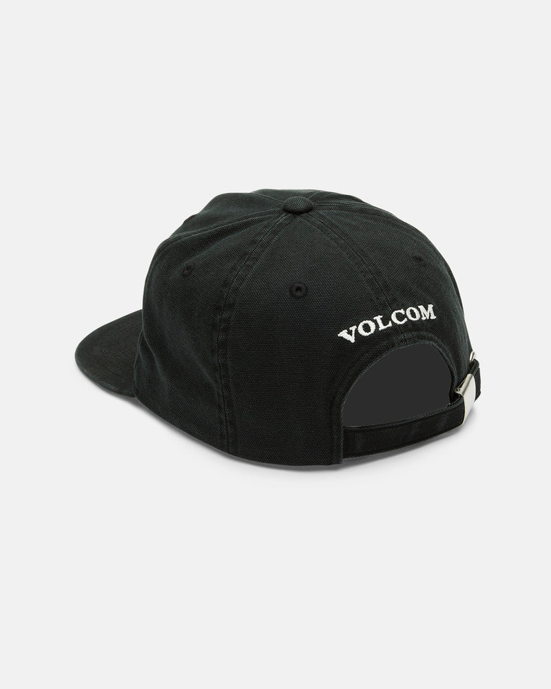 A black Volcom Men's Alive We Ride Adjustable Hat made of cotton, shown from the back with "VOLCOM" embroidered in white above the adjustable strap closure.