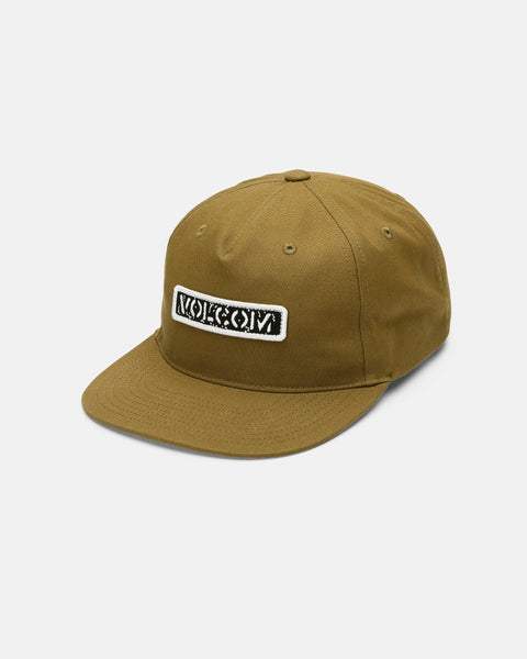 The Men's Alive We Ride Adjustable Hat by Volcom is an olive-green baseball cap made from durable cotton canvas, featuring a flat brim and a black-and-white rectangular Volcom logo patch on the front. Displayed on a plain white background, this adjustable hat showcases quality embroidery for added detail in its classic design.