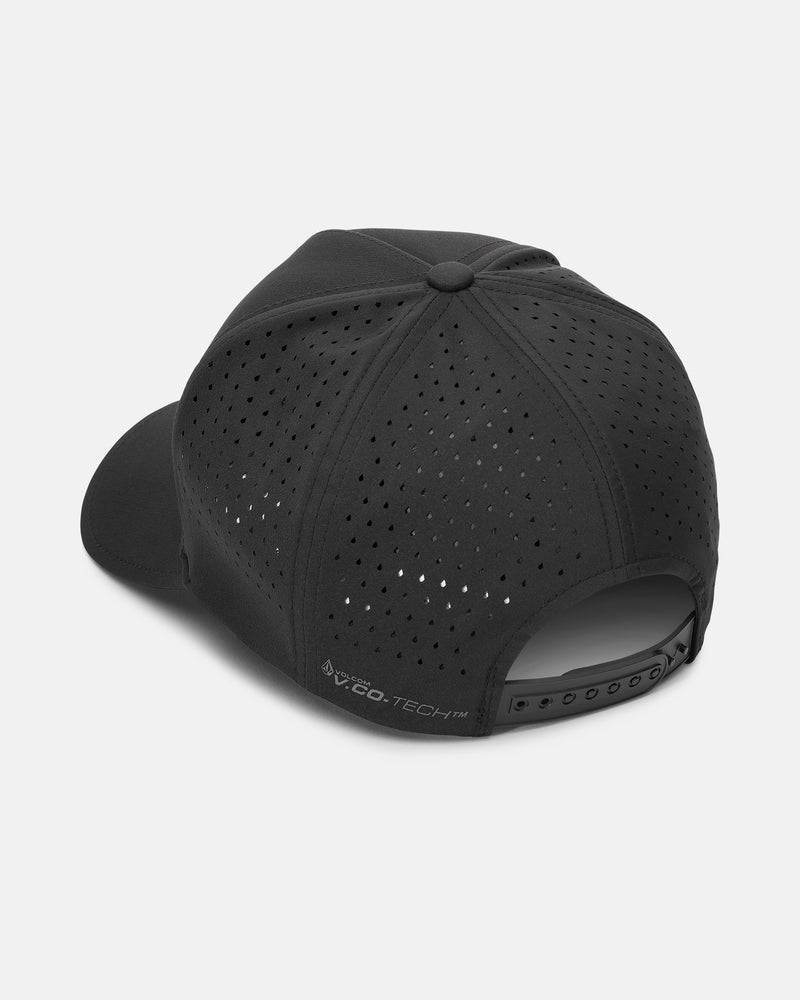 The Men’s Wrecker Workwear Vent Delta Adjustable cap by Volcom is a black baseball hat made from lightweight performance fabric. It features small perforated holes on the back panels for enhanced breathability, an adjustable snapback strap, and a slightly curved brim. The cap has “V.CO-TECH™” printed near the back, combining workwear durability with modern comfort.