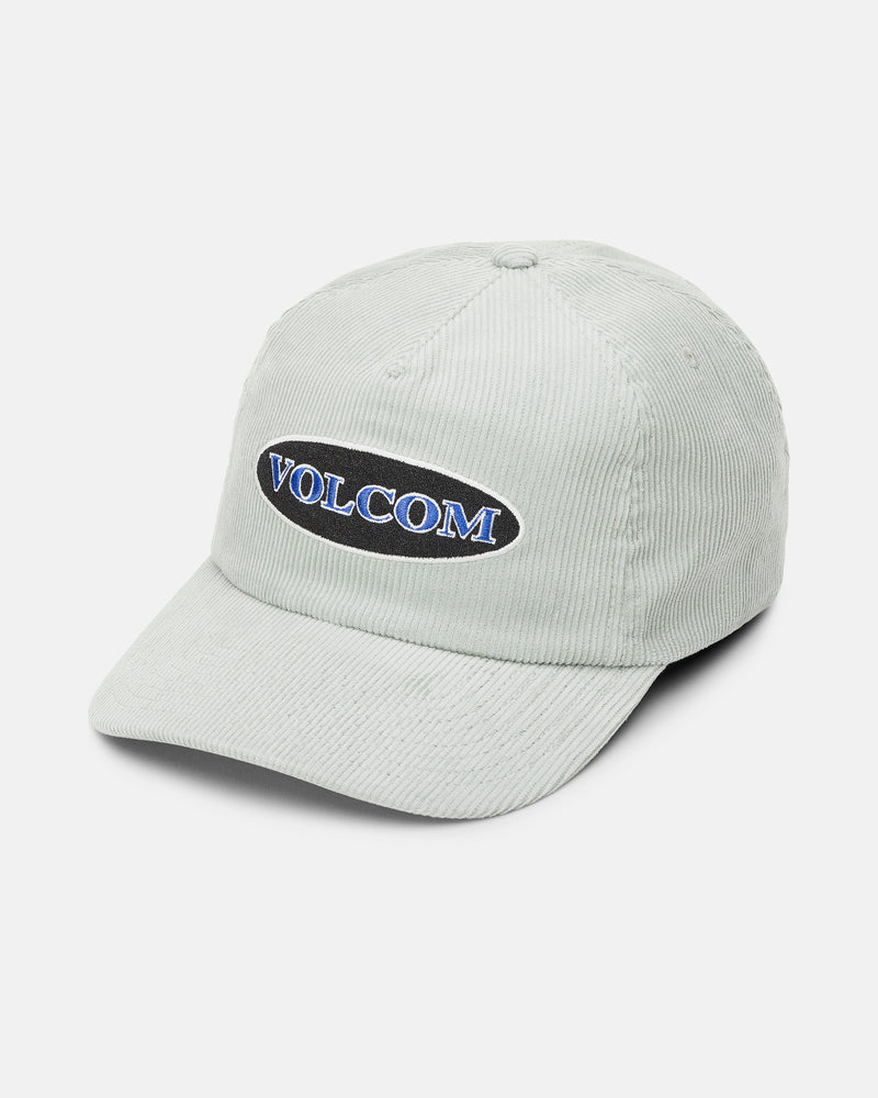 Light gray corduroy Men’s Full House Adjustable Hat with an oval patch featuring the Volcom brand name in blue and white lettering.