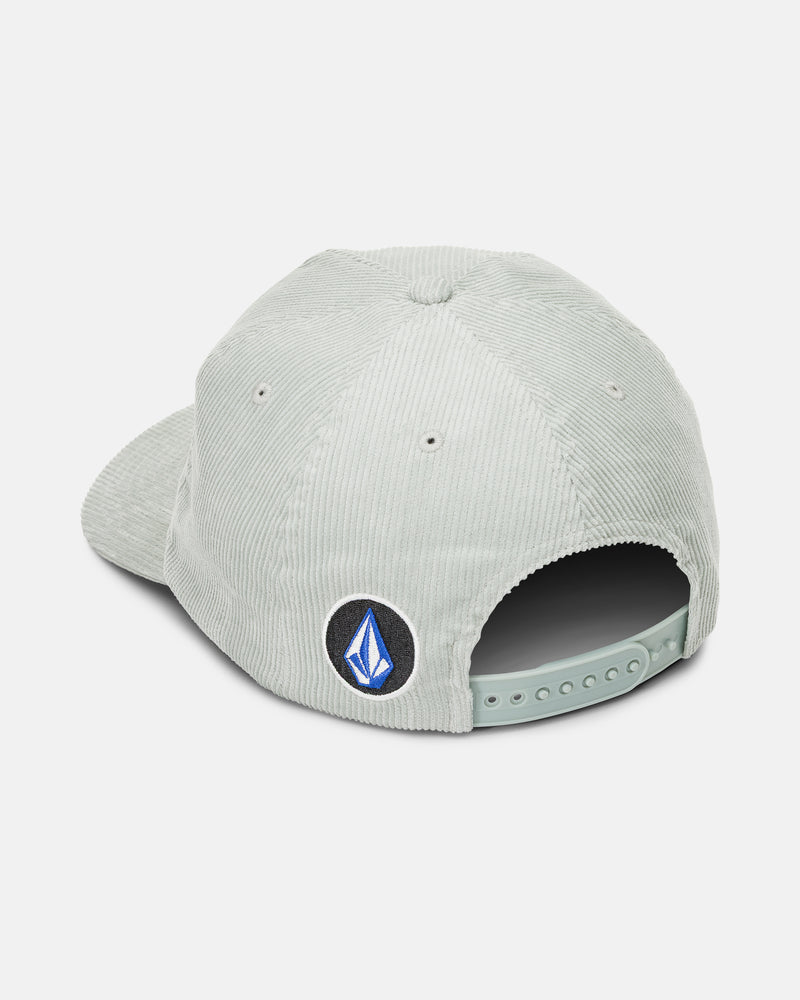 Light gray 5-panel corduroy Men’s Full House Adjustable Hat with an adjustable snapback closure and a circular Volcom logo patch on the side.
