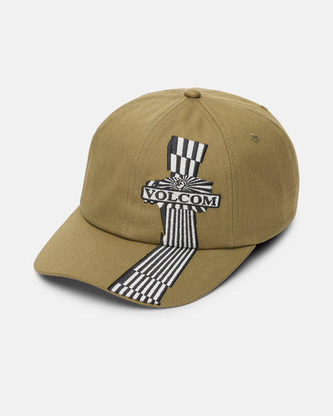 Tan, unstructured cotton twill Volcom Men’s OpPulloversition Adjustable Hat featuring a black and white stone-shaped graphic patch with striped patterns extending onto the brim.