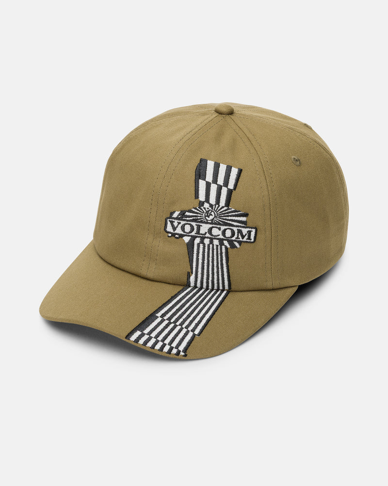Tan, unstructured cotton twill Volcom Men’s OpPulloversition Adjustable Hat featuring a black and white stone-shaped graphic patch with striped patterns extending onto the brim.