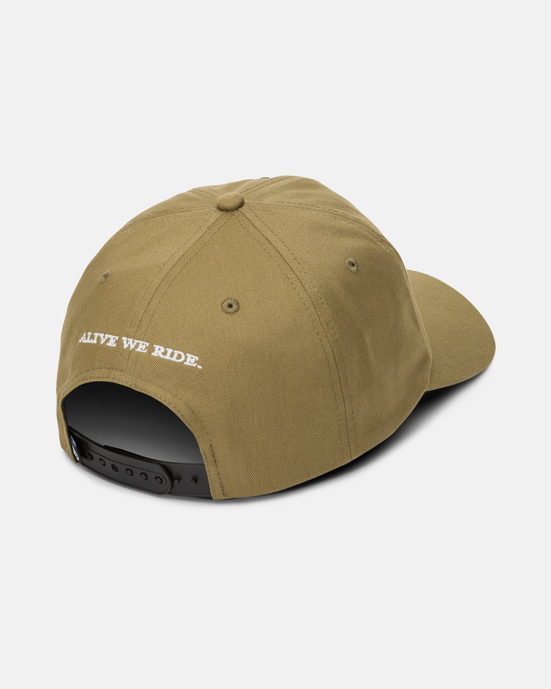 Volcom Men’s OpPulloversition Adjustable Hat in tan unstructured cotton twill, featuring a black snapback closure and ALIVE WE RIDE. embroidered in white above the opening.