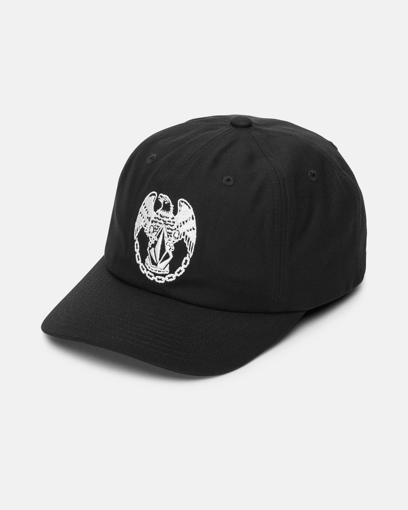 Volcom Men’s Linkerton Adjustable Hat in black cotton twill, featuring a white embroidered eagle logo on the front.