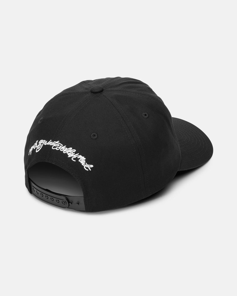 Volcom Men’s Linkerton Adjustable Hat in black cotton twill with an adjustable plastic snapback closure and white embroidered script text above the opening.