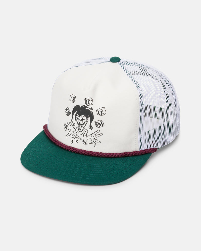 Men’s Last Laugh Trucker Hat with a green brim, white mesh back, and an adjustable fit featuring a graphic of a jester juggling blocks on the front.