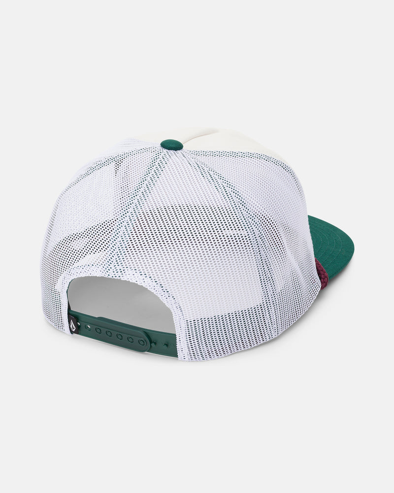 Back view of a Volcom Men’s Last Laugh Trucker Hat with an off-white front panel, white mesh back, green brim, maroon accent detail, and an adjustable snapback closure.