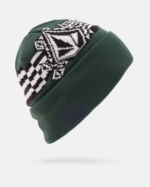 Volcom Men’s Opposition Cuff Beanie in dark green, featuring a skull fit, rib-knit construction, and a white and black geometric logo with a checkered pattern on the crown.