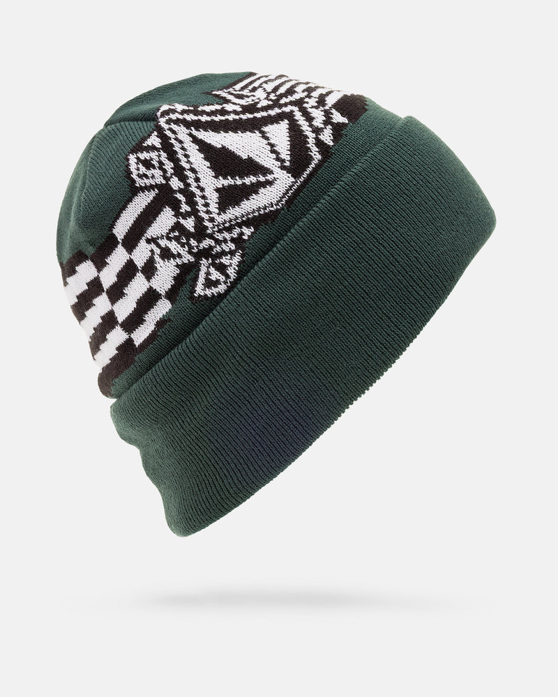 Volcom Men’s Opposition Cuff Beanie in dark green, featuring a skull fit, rib-knit construction, and a white and black geometric logo with a checkered pattern on the crown.