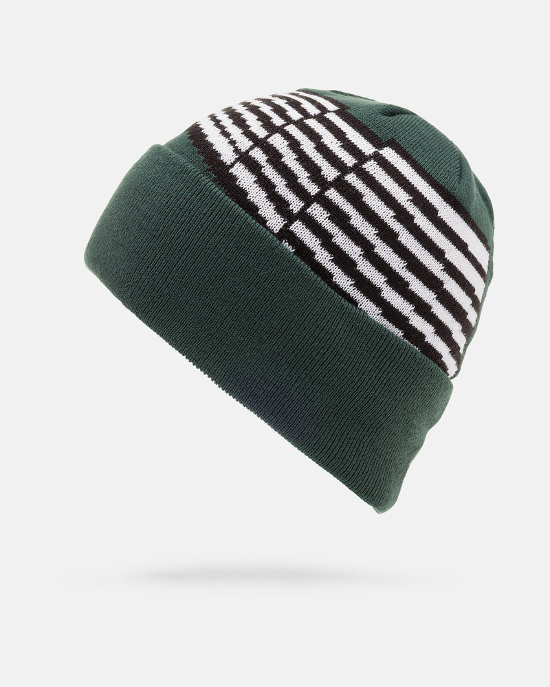 Volcom Men’s Opposition Cuff Beanie in dark green, featuring a rib-knit cuff and a horizontal black-and-white striped rectangular pattern on the crown.
