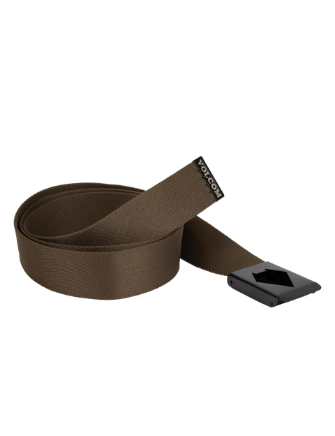 The Men's Workwear Web Belt by Volcom is shown on a white background, featuring brown fabric construction, a black rectangular metal bottle opener buckle, and a small black Volcom logo tag near the end.