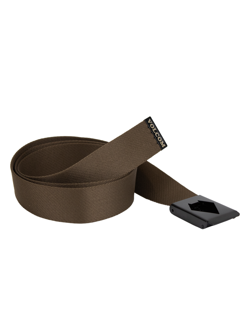 The Men's Workwear Web Belt by Volcom is shown on a white background, featuring brown fabric construction, a black rectangular metal bottle opener buckle, and a small black Volcom logo tag near the end.