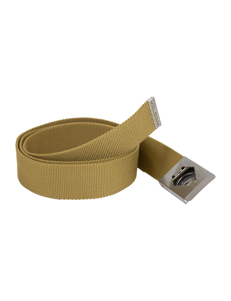 The Volcom Men's Circle Web Belt, made from tan woven fabric and featuring a silver rectangular metal buckle, is partially rolled up and displayed on a white background.