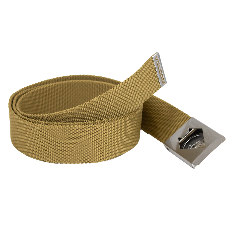 A rolled-up tan Volcom Men's Circle Web Belt featuring a silver rectangular metal buckle and a metal tip, displayed on a white background.